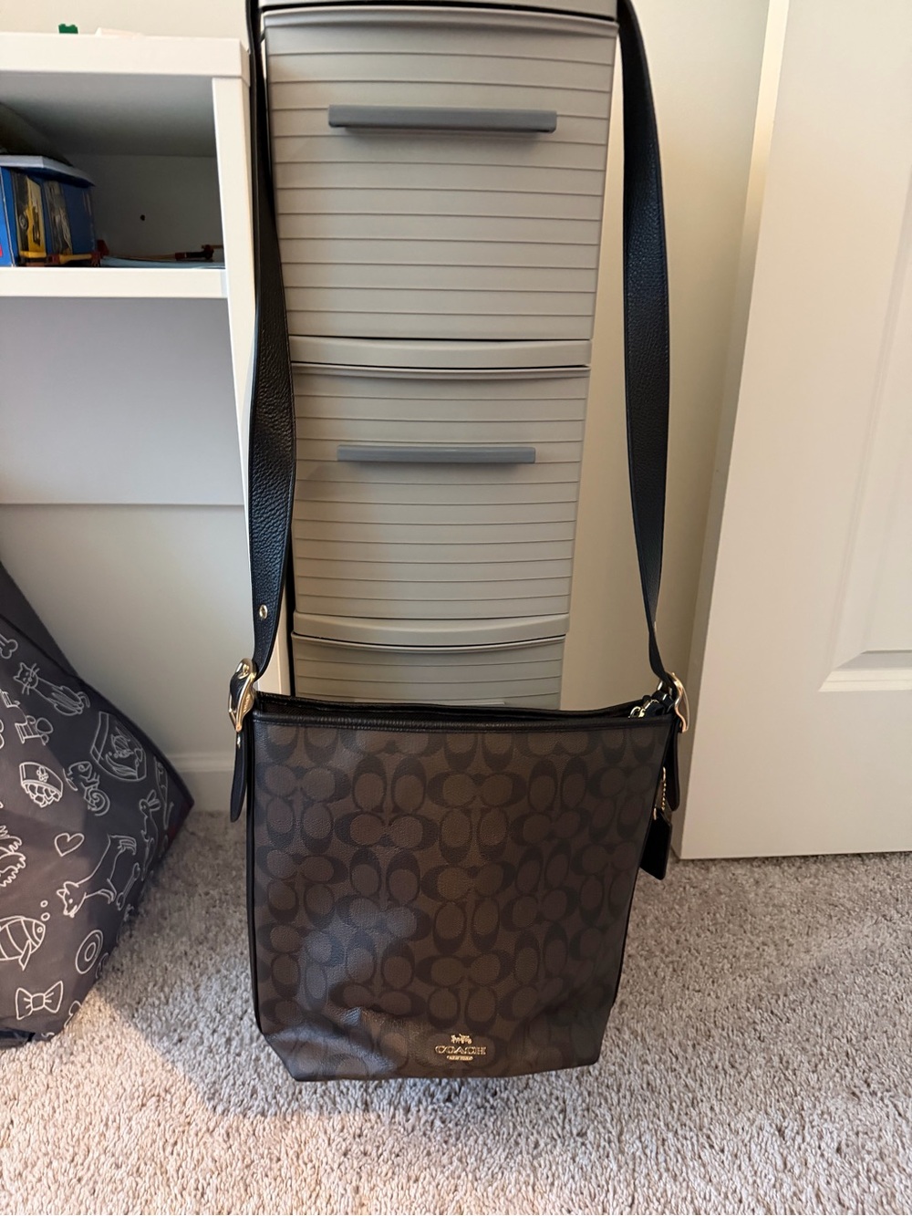 Coach Brown Signature Monogram Messenger Bag with Black Strap